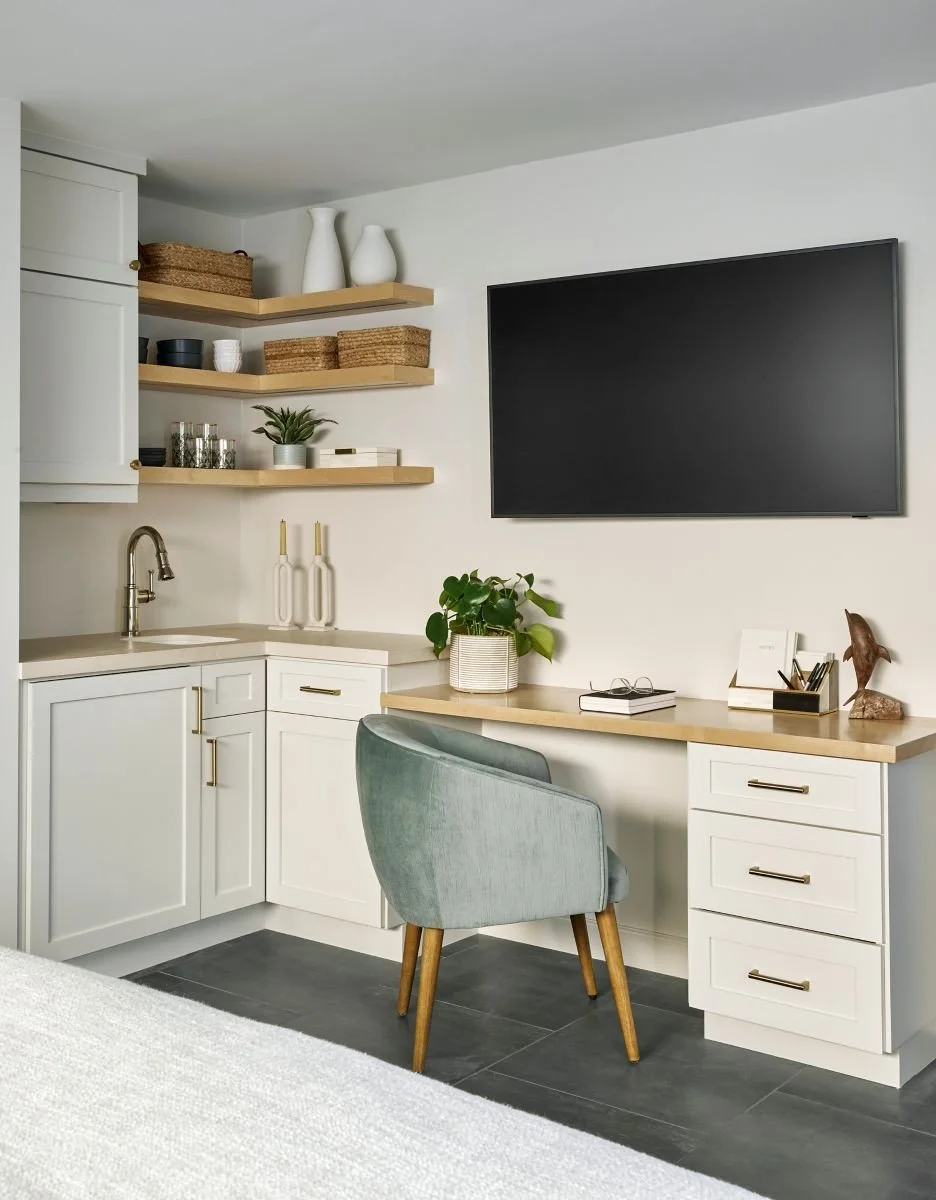 Master suite with office and kitchenette, hidden coffee bar, mini fridge