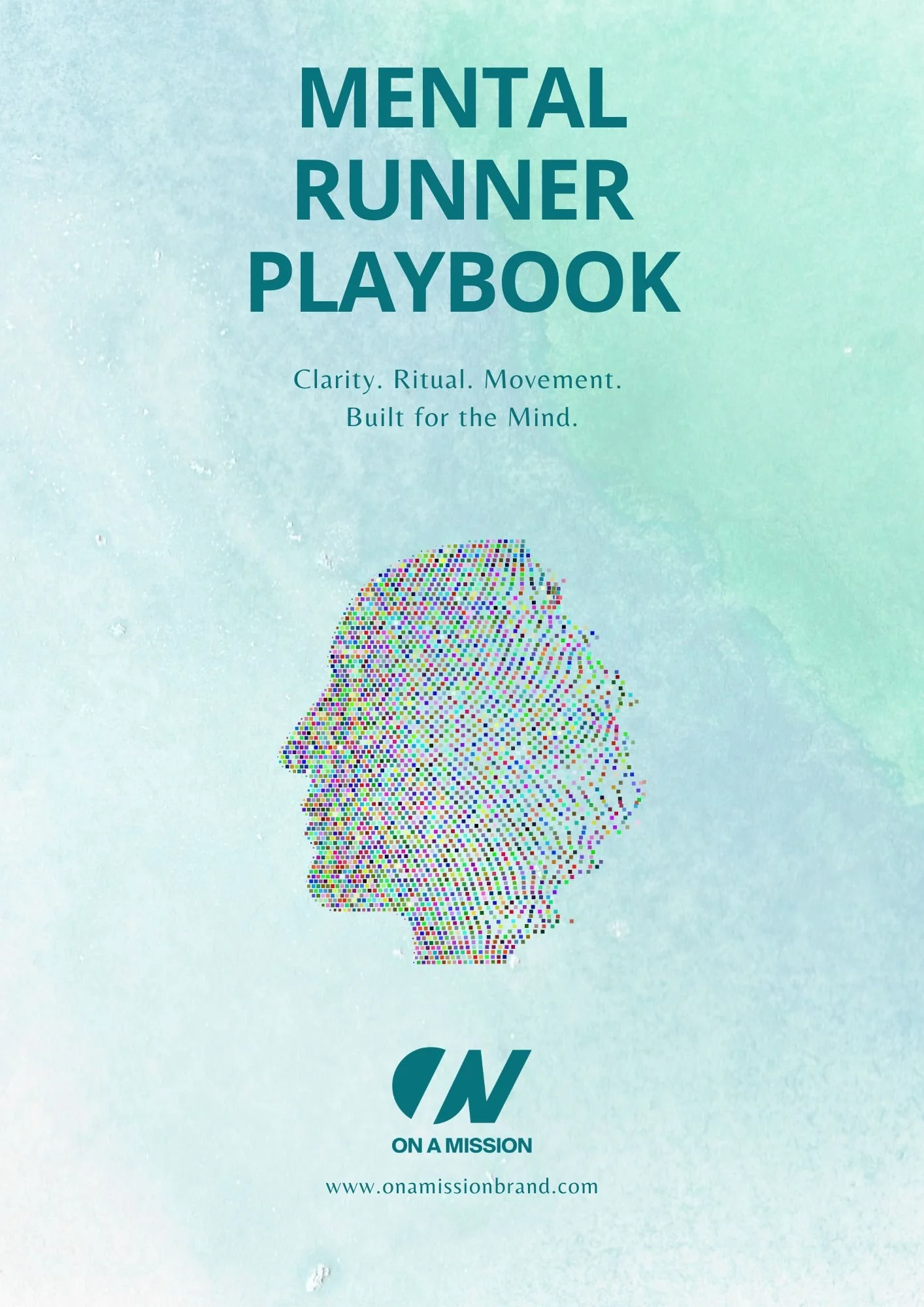 Cover page of a mental health guide titled 'Mental Runner Playbook', with a pixelated profile of a person's head made of multicolored dots and the logo 'OM' at the bottom, on a blue and green watercolor background.