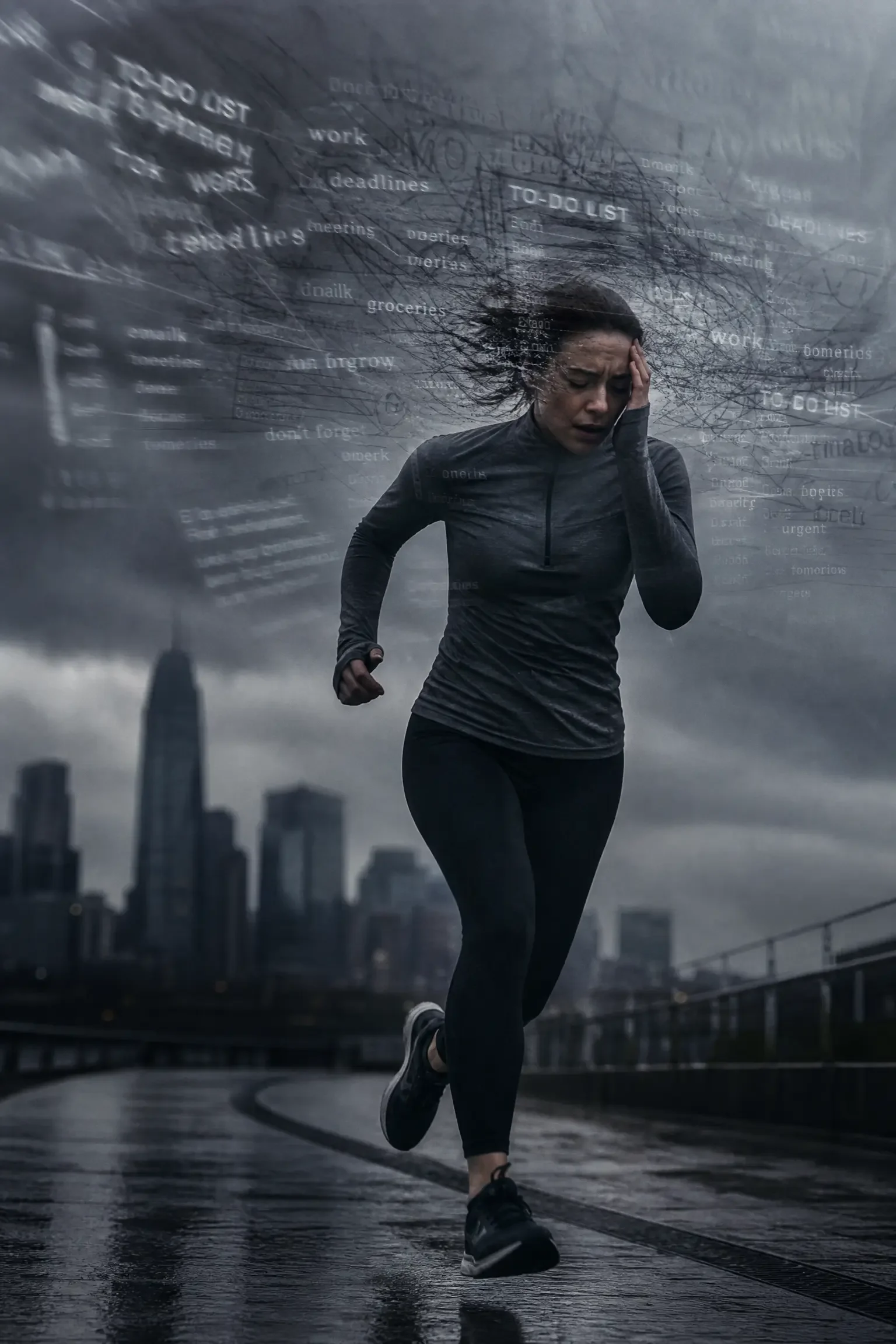 A woman running on a wet city street during a rainstorm, with dark clouds and city skyline in the background, and digital overlays of a to-do list and reminders.