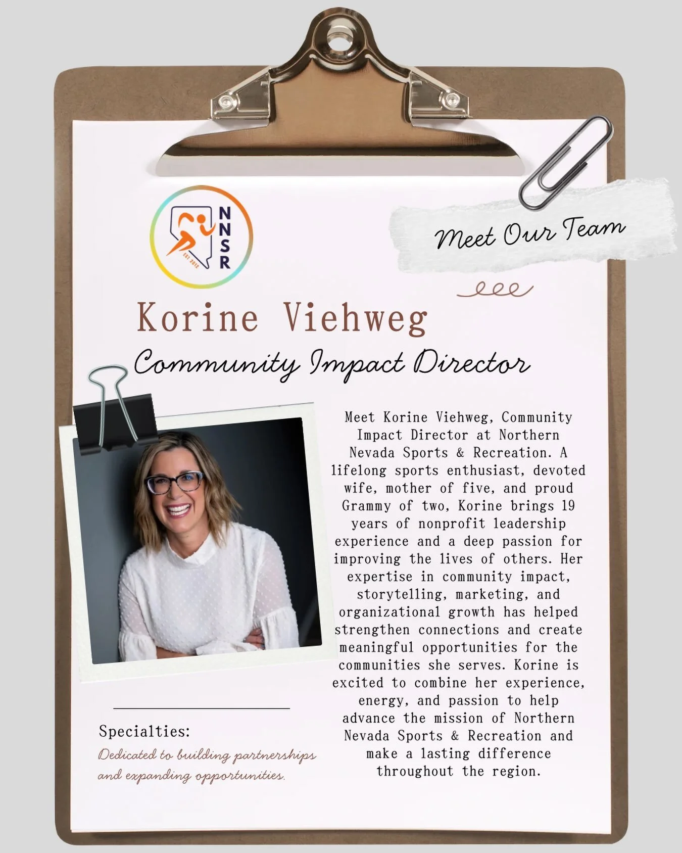 Officially joining the team today, we are proud to introduce Korine Viehweg as the first-ever Community Impact Director for Northern Nevada Sports &amp; Recreation!

Korine brings 19 years of nonprofit leadership experience, a lifelong passion for sp