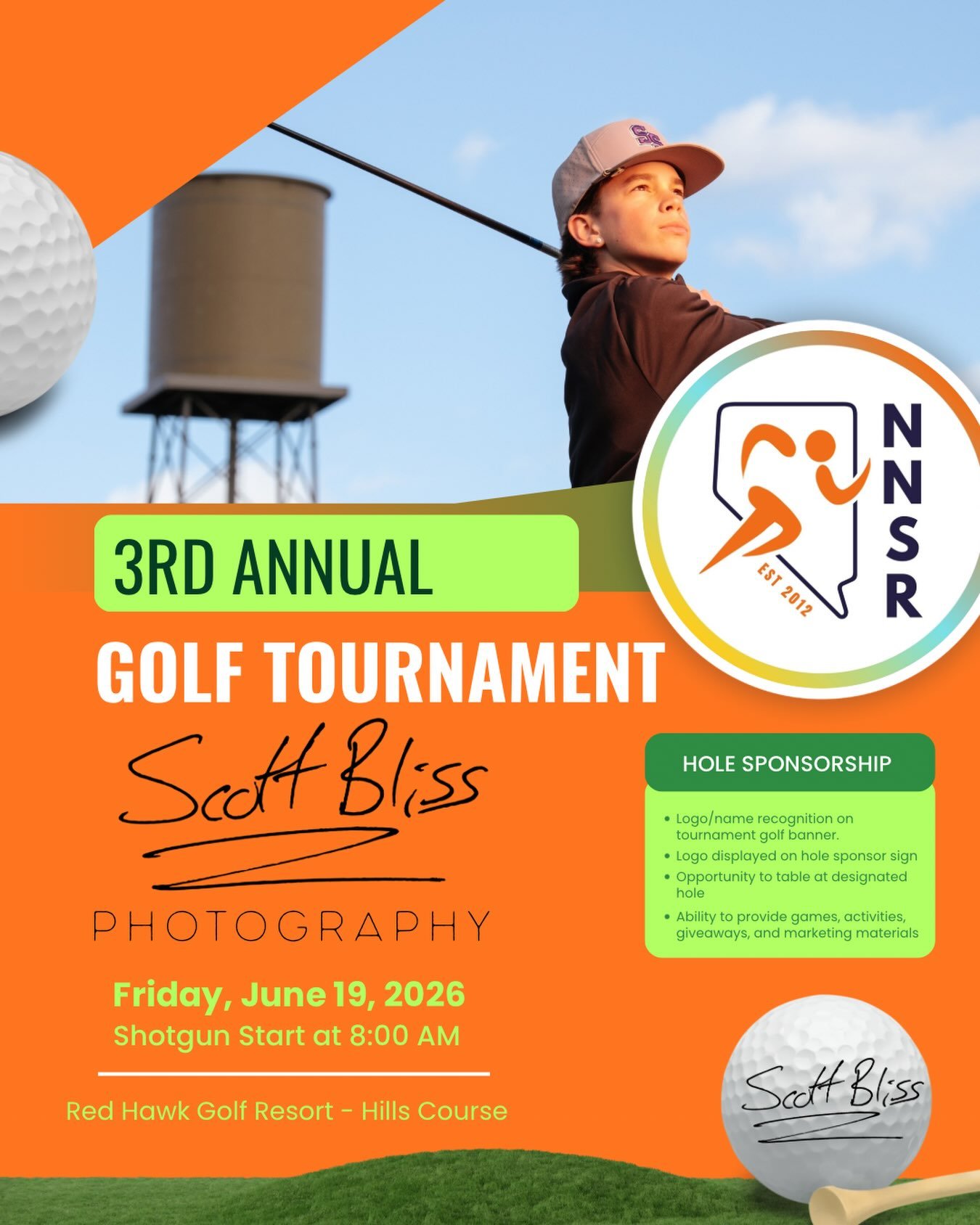 ⛳ Hole Sponsor Shoutout! ⛳

A huge thank you to Scott Bliss Photography for being a 2026 NNSR Golf Tournament Hole Sponsor!

Scott will be stationed at his sponsored hole capturing memorable moments from the course, and he&rsquo;ll also be documentin