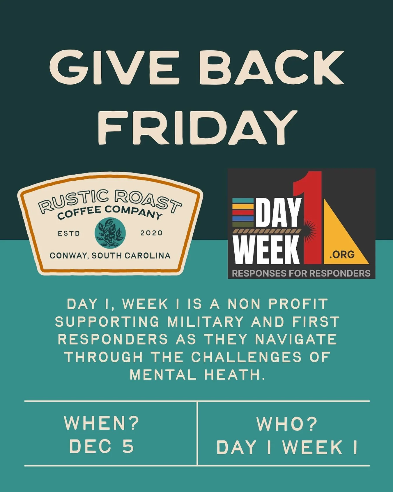 We took a short hiatus for Thanksgiving break but we are back at it with our Give Back Friday! Starting December off strong we are partnering with Week 1 Day 1, a non profit supporting military and first responders. Their aim is to eliminate the stig