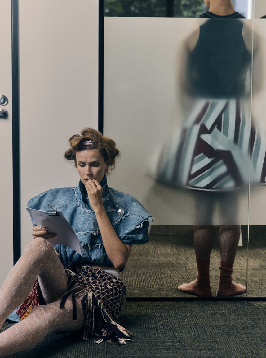 Janet (left) wears Mary Argyropoulous top and skirt, stylist's own tights. Tom (right) wears Bassike tank top, Luke Friend skirt.
