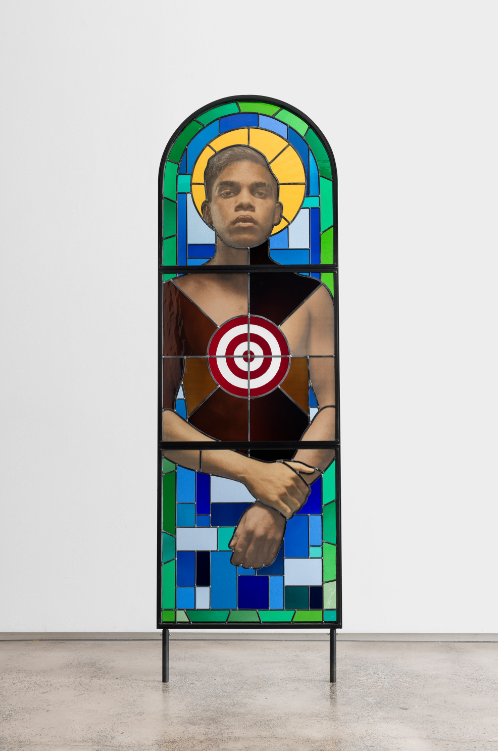  Tony Albert, 'Brothers (The Prodigal Son) I', 2020, coloured glass, lead, photographic decal, steel, stone, courtesy of the artist and Sullivan+Strumpf, photograph: Mark Pokorny