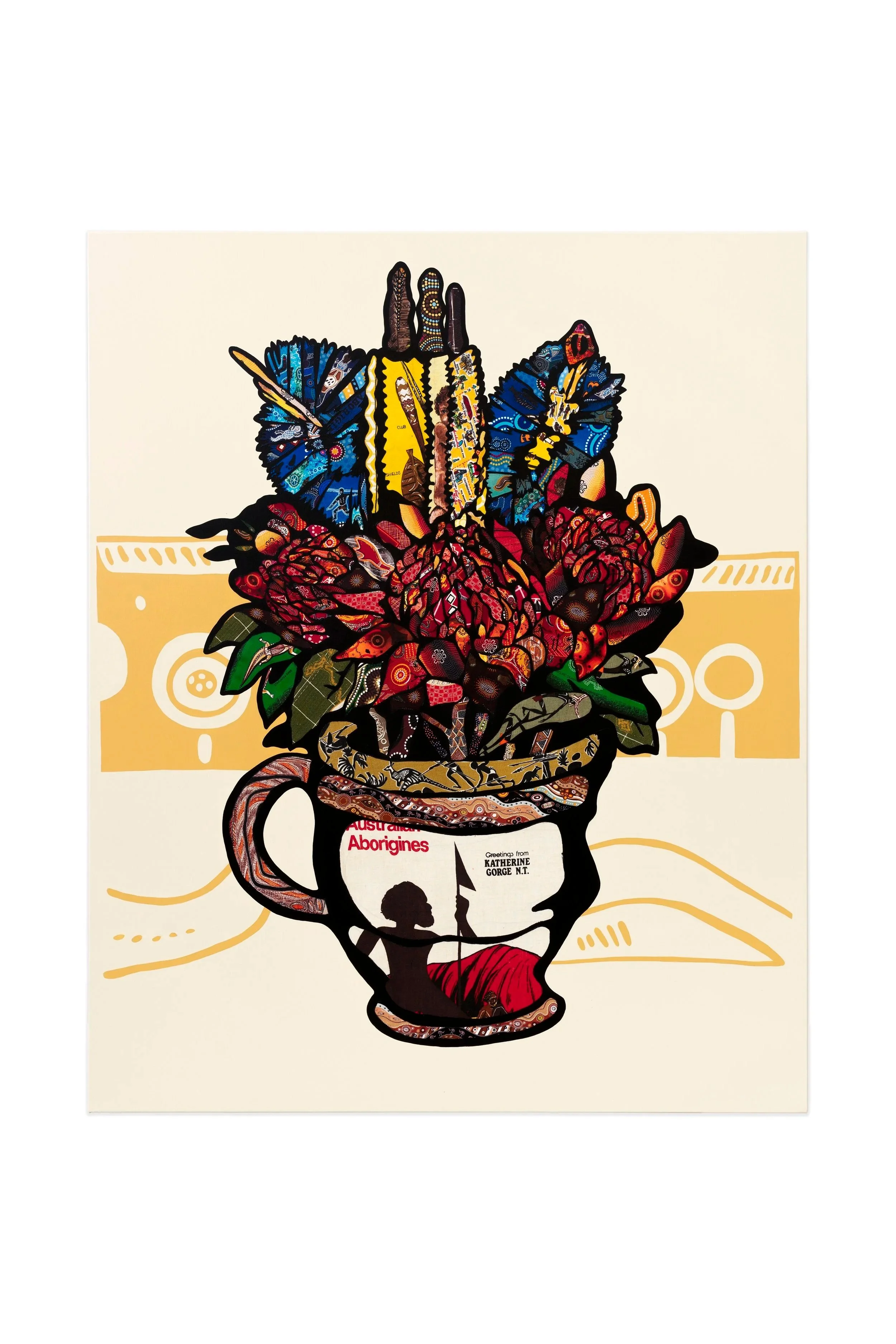 Tony Albert, ‘Reclamation (Waratah and Banksia Arrangement)’, 2025, acrylic and vintage appropriated fabric on canvas, courtesy of the artist and Sullivan+Strumpf, photograph: Aaron Anderson