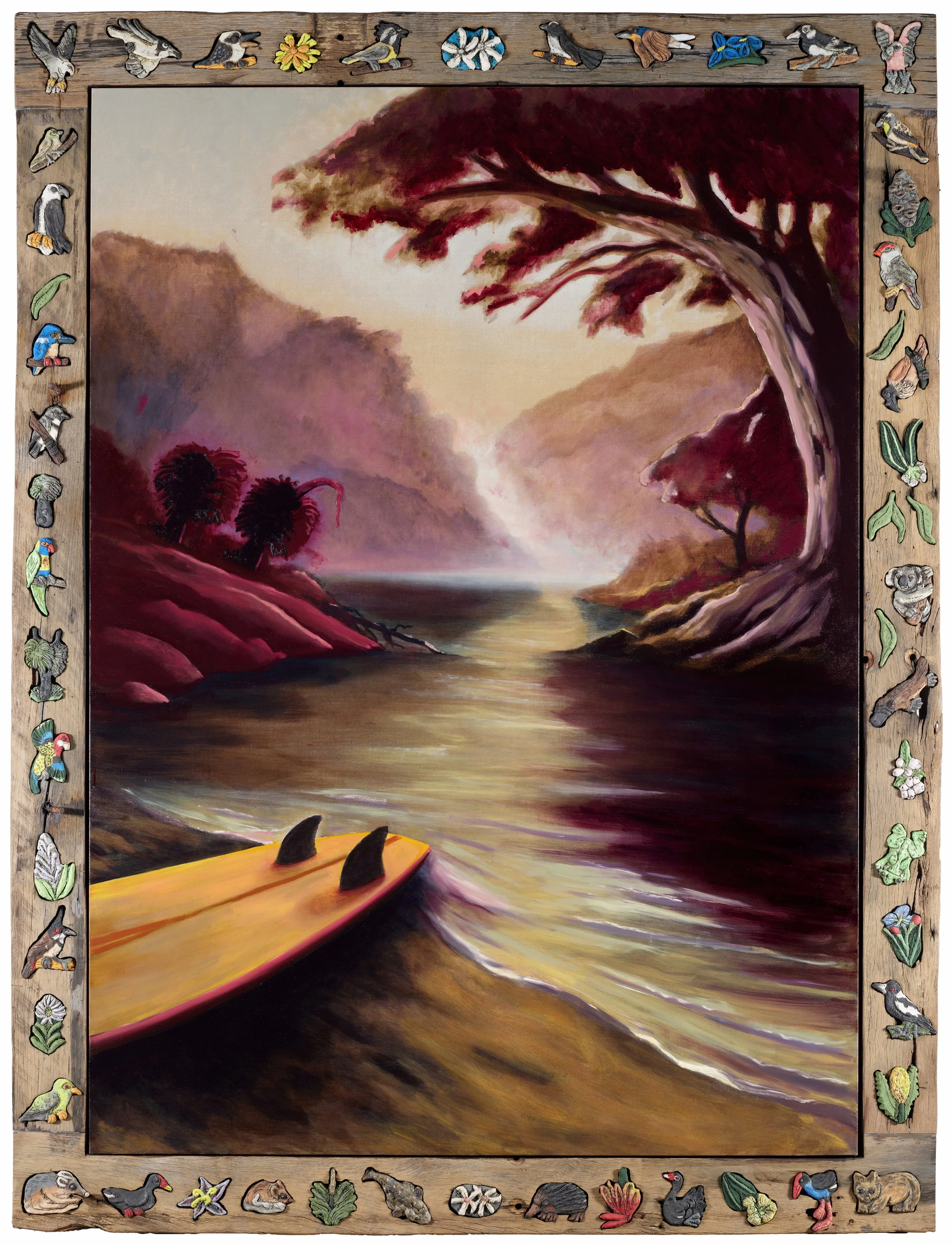 Left: Billy Bain 'Dyarubbin (The River)' 2026, oil on linen in recyled timber frame with ceramic tiles, 232.5 x 175 x 10 cm, collection of the artist © Billy Bain