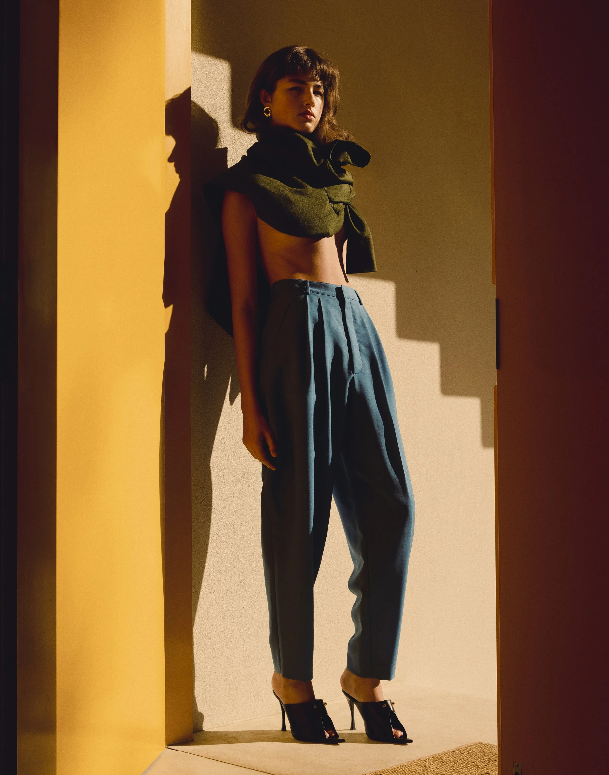Max Mara blazer as top, Celine pants, Balenciaga heels, Agmes earrings