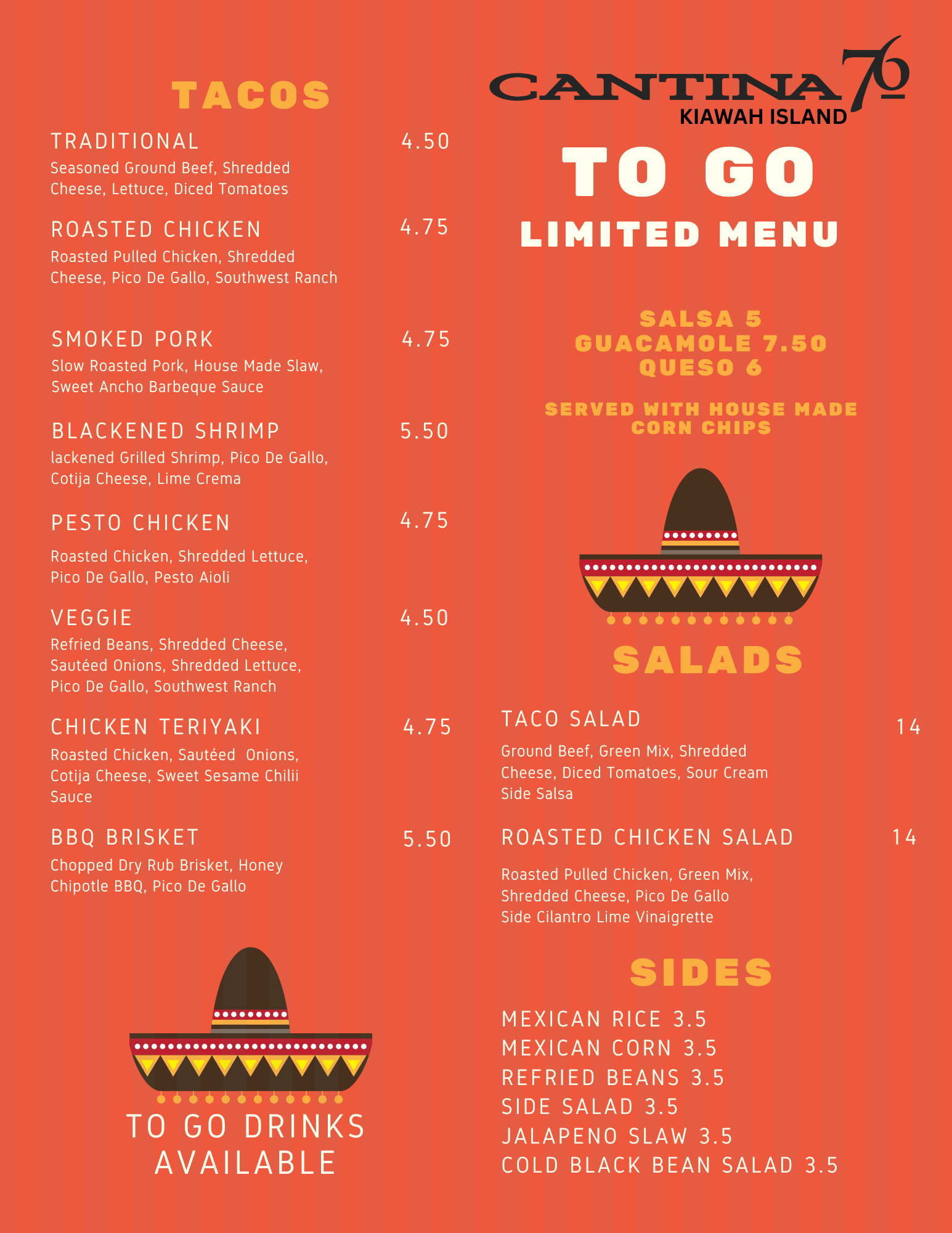 Menu for a restaurant called Cantina 76 on Kiawah Island, featuring limited to-go menu options including various tacos, salads, and sides. The menu is decorated with illustrations of traditional Mexican sombreros.