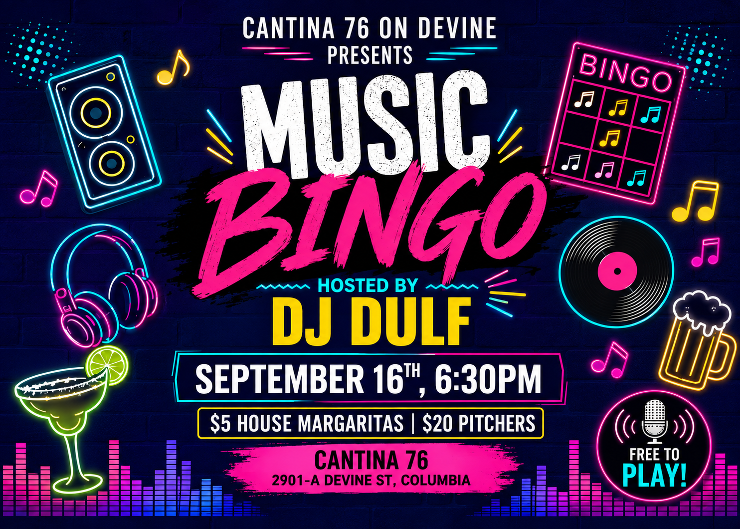 🎶 MUSIC BINGO AT cantina 76 DEVINE Street! 🎶