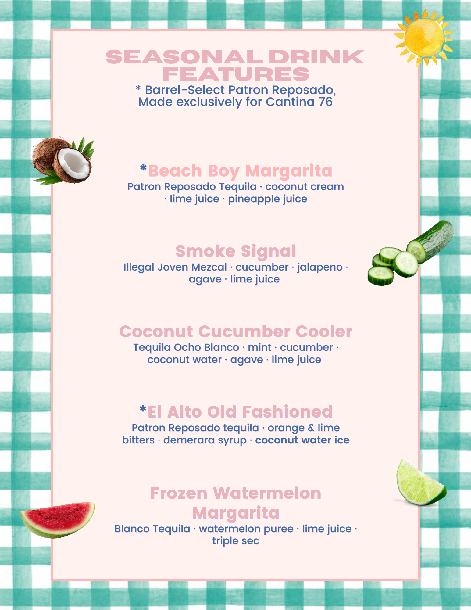 Menu featuring seasonal drinks with images of coconuts, cucumbers, watermelon, lime, and lime wedges, set against a green checkered background.