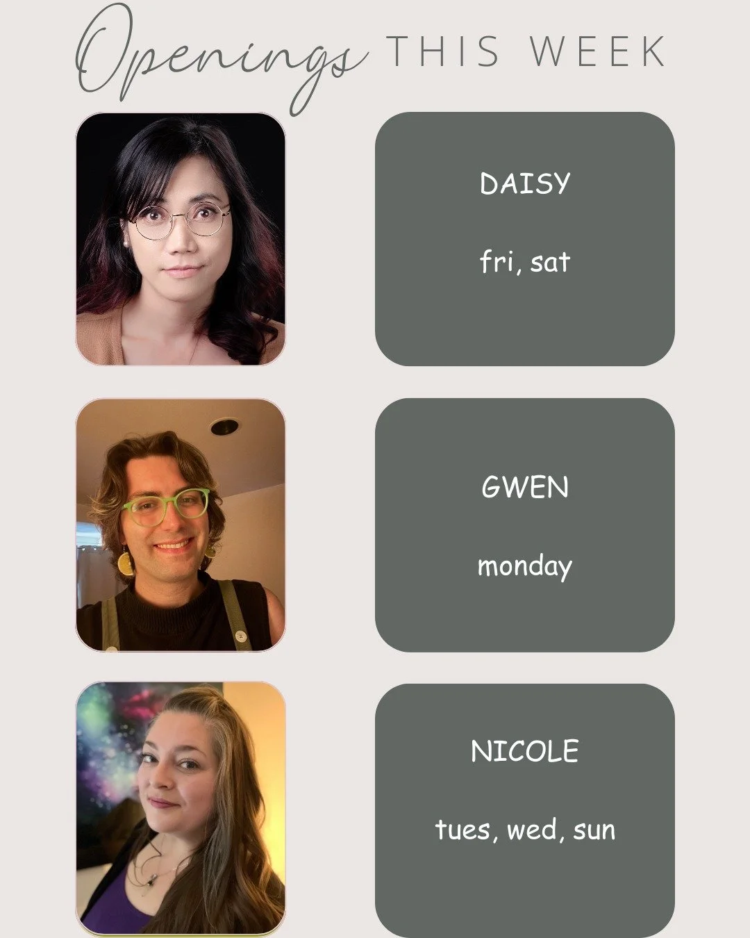 This week's openings... for body, mind, and energy. See you soon! #nurturewellbeing #seattlemassage #westseattlewellness #seattlereiki