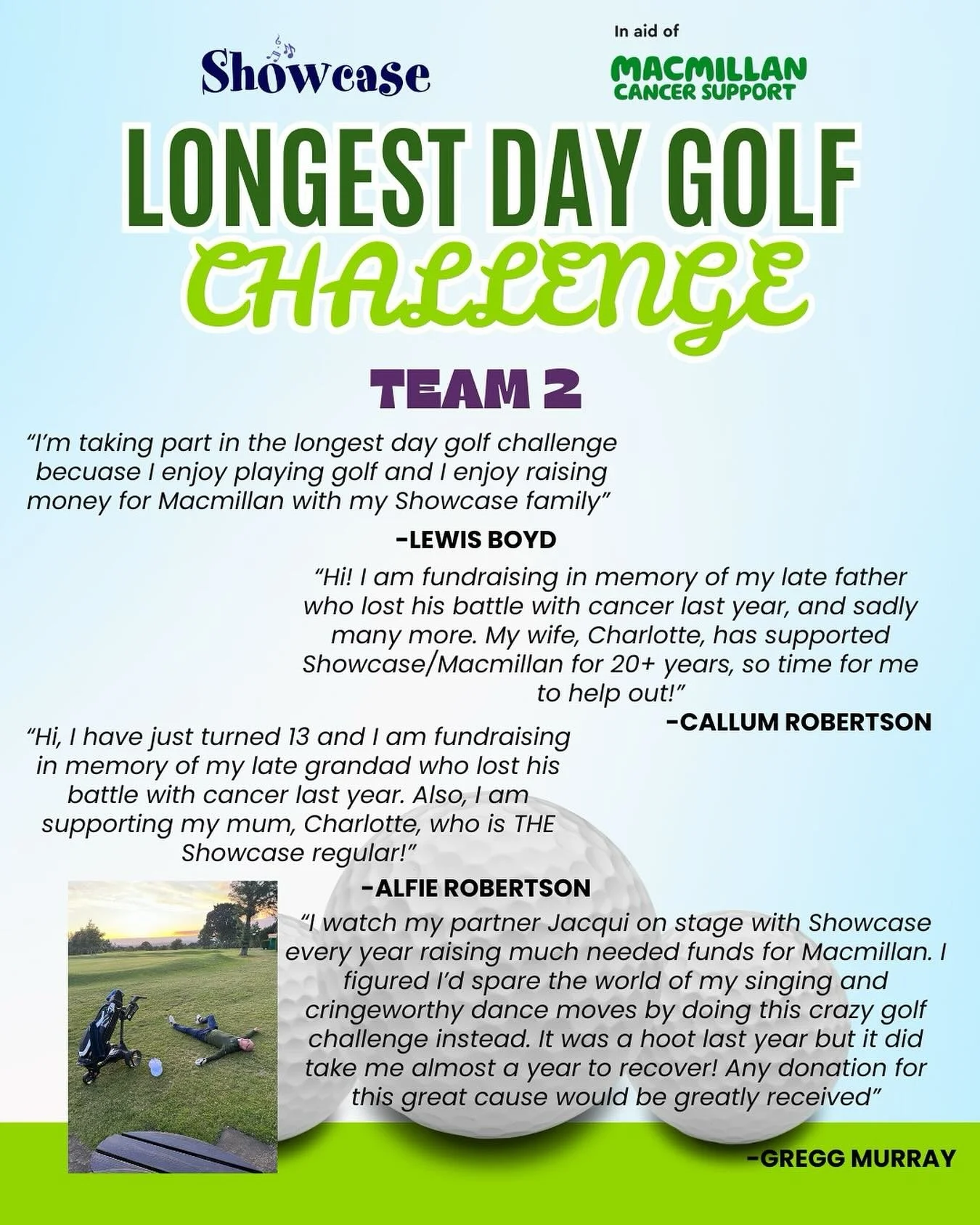 🏌️‍♀️MEET THE TEAMS 🏌️‍♀️
Here is ‘Team 2’ telling us why they have decided to help raise money for Macmillan.
Want to support our boys AND Macmillan without ever having to touch a golf club? PERFECT. That’s what the don