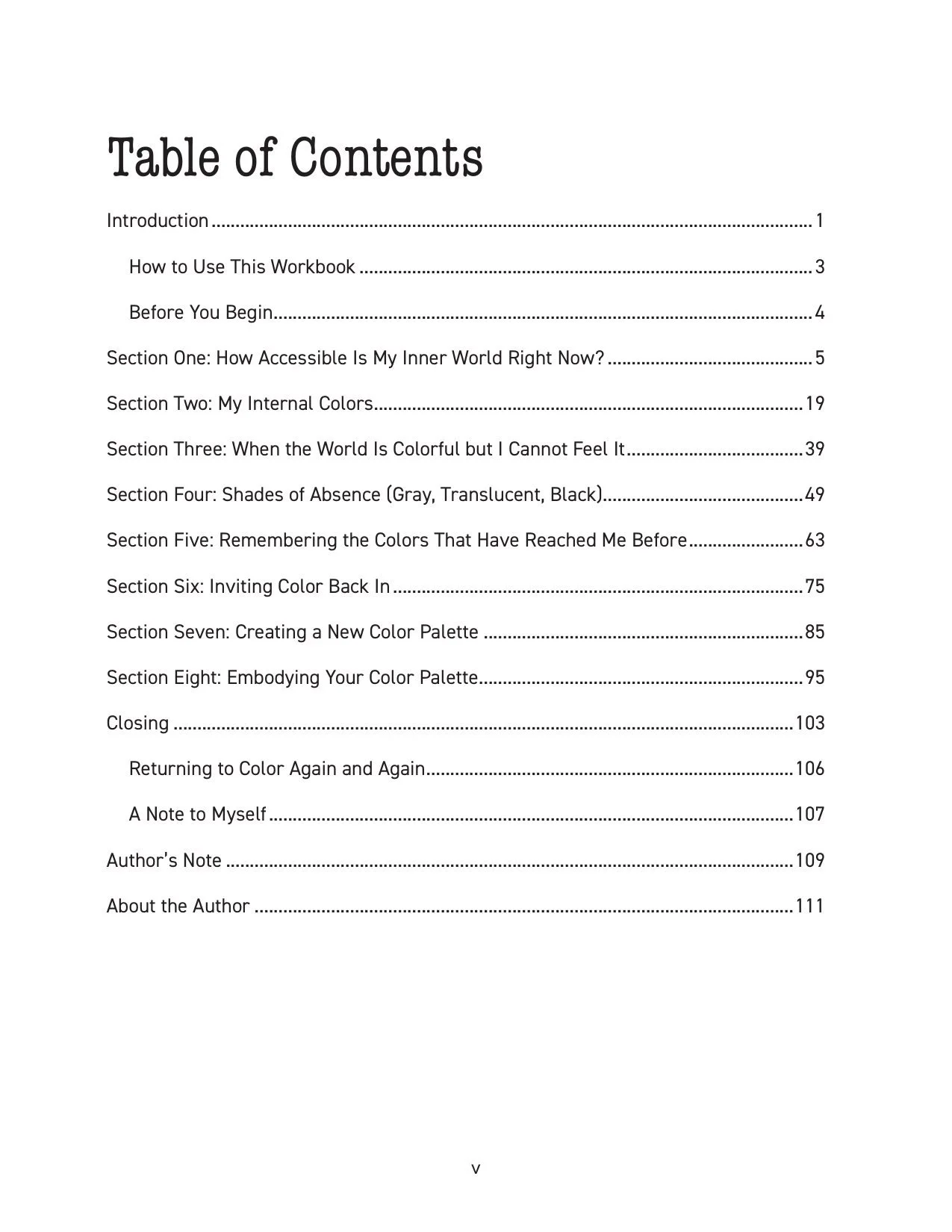 The table of contents, listing the book's sections