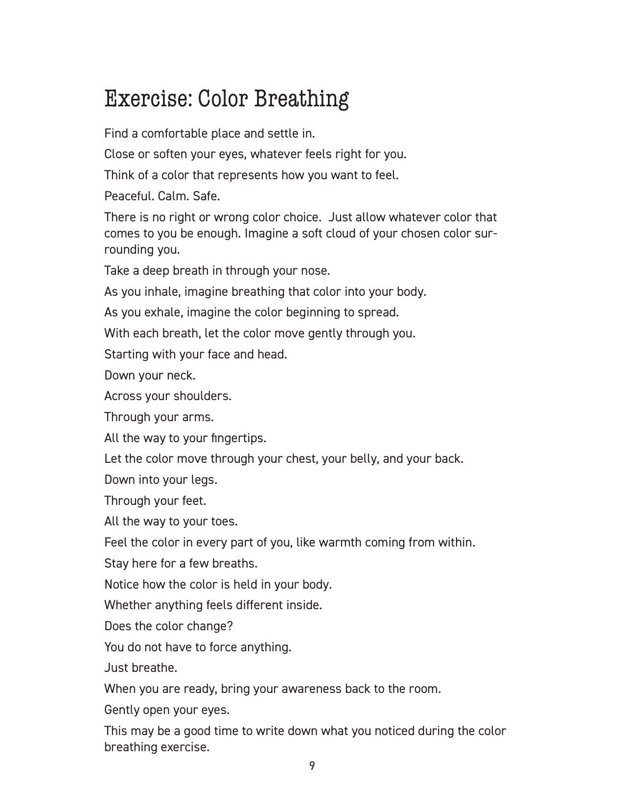 Exercise: Color Breathing, an exercise page with steps to follow