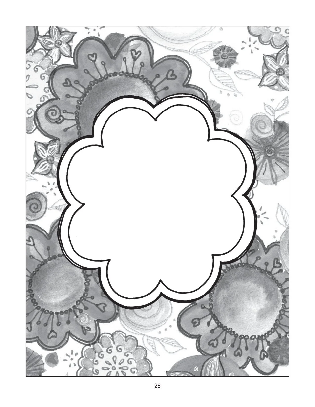 A coloring page: a flower shape to fill in, inside a border of drawn flowers
