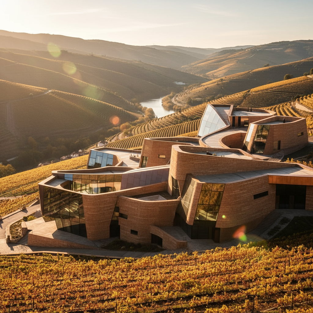 Modern building with angular and curved design, set amidst rolling vineyards and hills at sunset, in Douro Valley.
