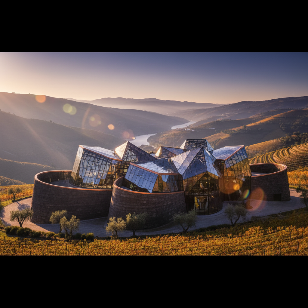 Modern glass building with angular roofs set in a scenic hilly landscape during sunset, with lens flares and a river in the background.