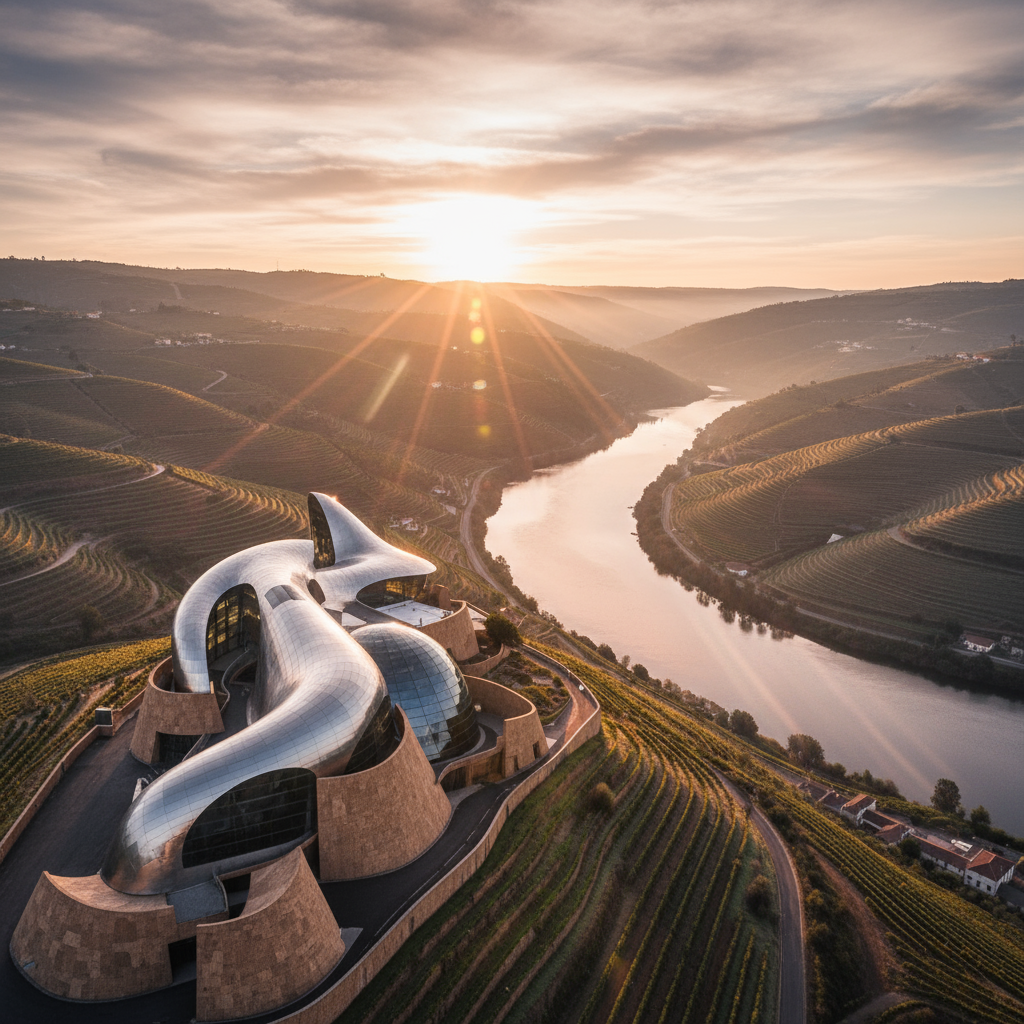 A modern architectural building with metallic and glass surfaces is situated in a rural landscape, Douro Valley during sunset.