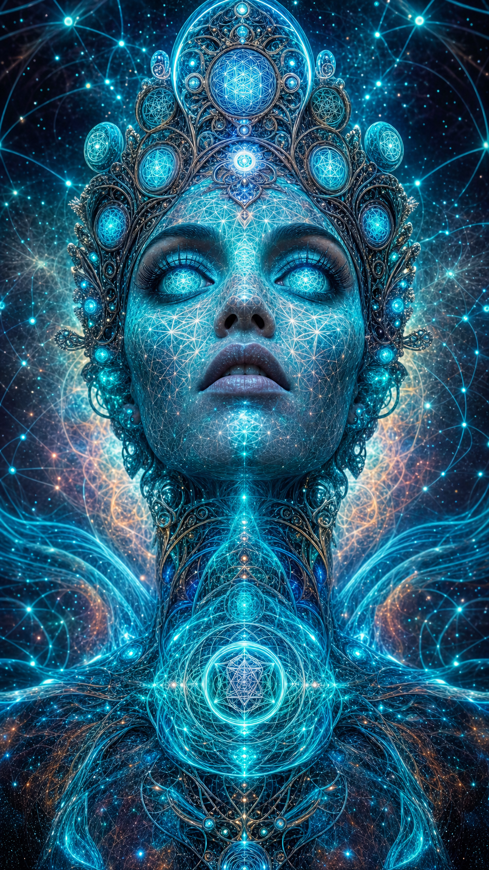 A digital artwork of a woman's face with a cosmic and geometric design, glowing blue and surrounded by interconnected stars and patterns.