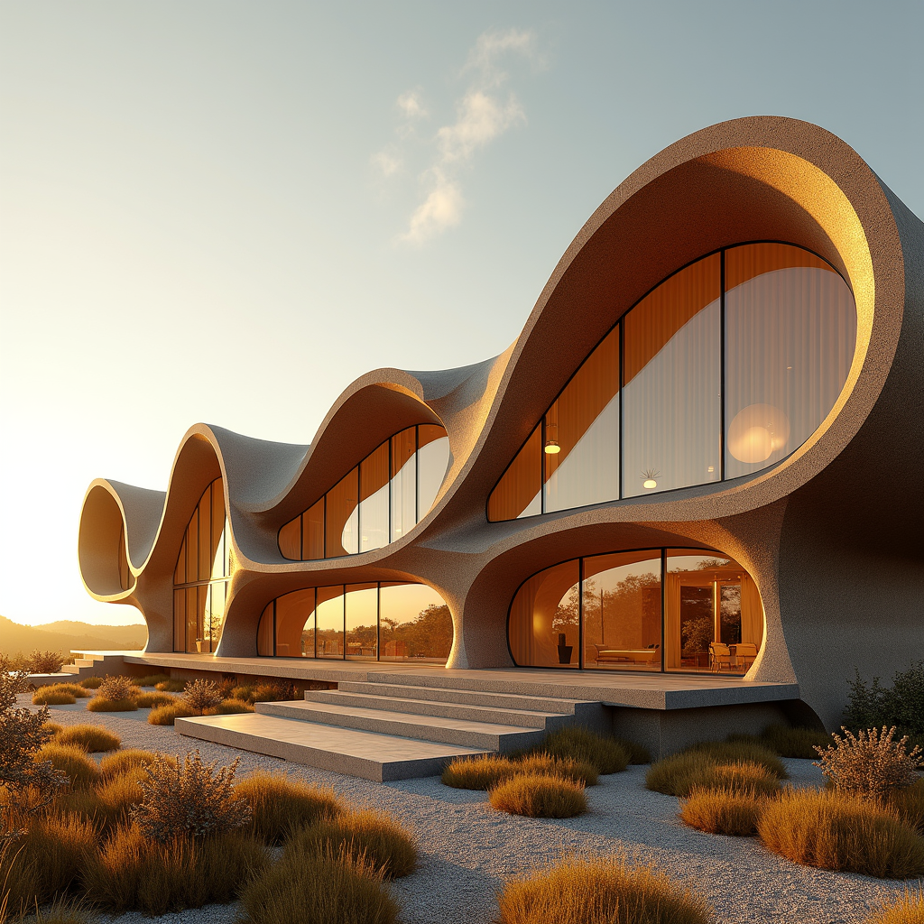 Modern house with curvy design, large glass windows, located in a desert landscape during sunset.