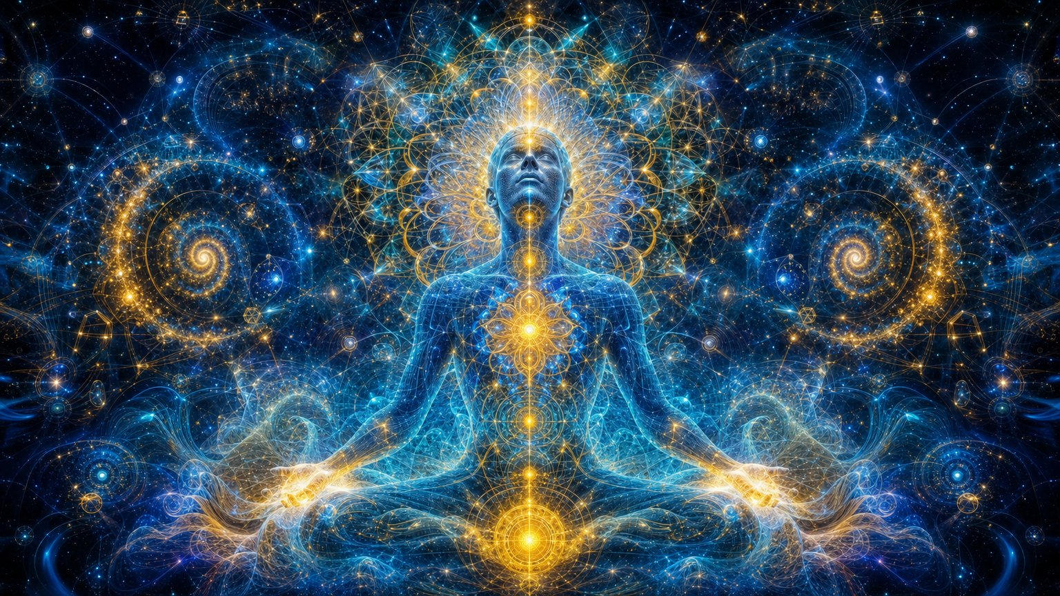 Digital artwork of a human figure meditating in a cosmic space filled with glowing geometric patterns, spirals, and star-like lights in blue and gold tones, symbolizing spirituality and interconnectedness.