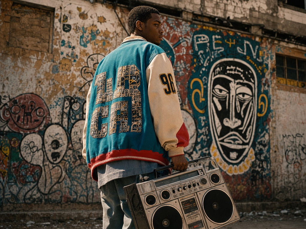 A young man standing in front of graffiti art on a wall, holding a large vintage boombox. He is wearing a colorful varsity jacket with the text 'RIP' and the number '96' on it, with a serious expression, in an urban setting with textured brick and wo