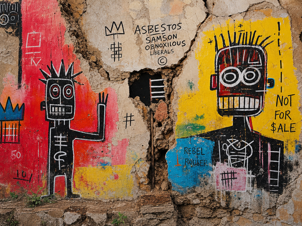 Colorful graffiti art on a cracked wall featuring two black stick-figure characters with exaggerated facial features and text. The left character is waving with a red background, and the right character has a yellow background with words like "NOT FO