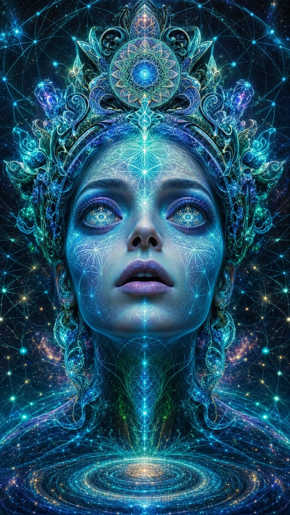 Futuristic digital art of a woman's face with glowing geometric patterns and cosmic elements, portraying spiritual and cosmic consciousness.