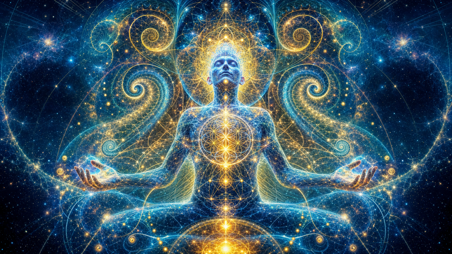 A person sitting in a meditative posture with arms outstretched, surrounded by glowing, intricate geometric and fractal patterns representing energy and spiritual awakening against a cosmic starry background.