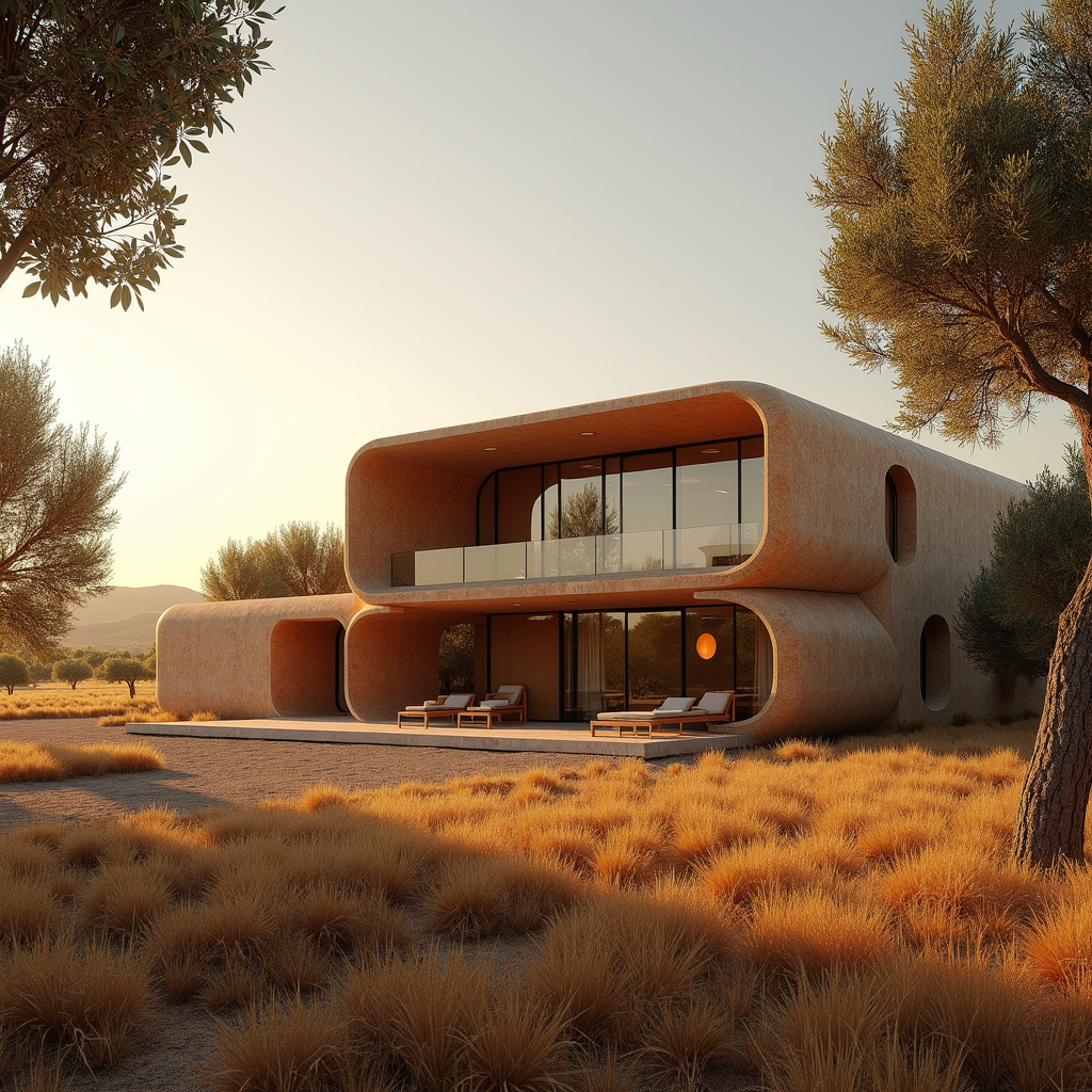 Modern two-story house with curved architecture, large glass windows, and outdoor lounge chairs, situated in a desert landscape with trees and grasses, during sunset.