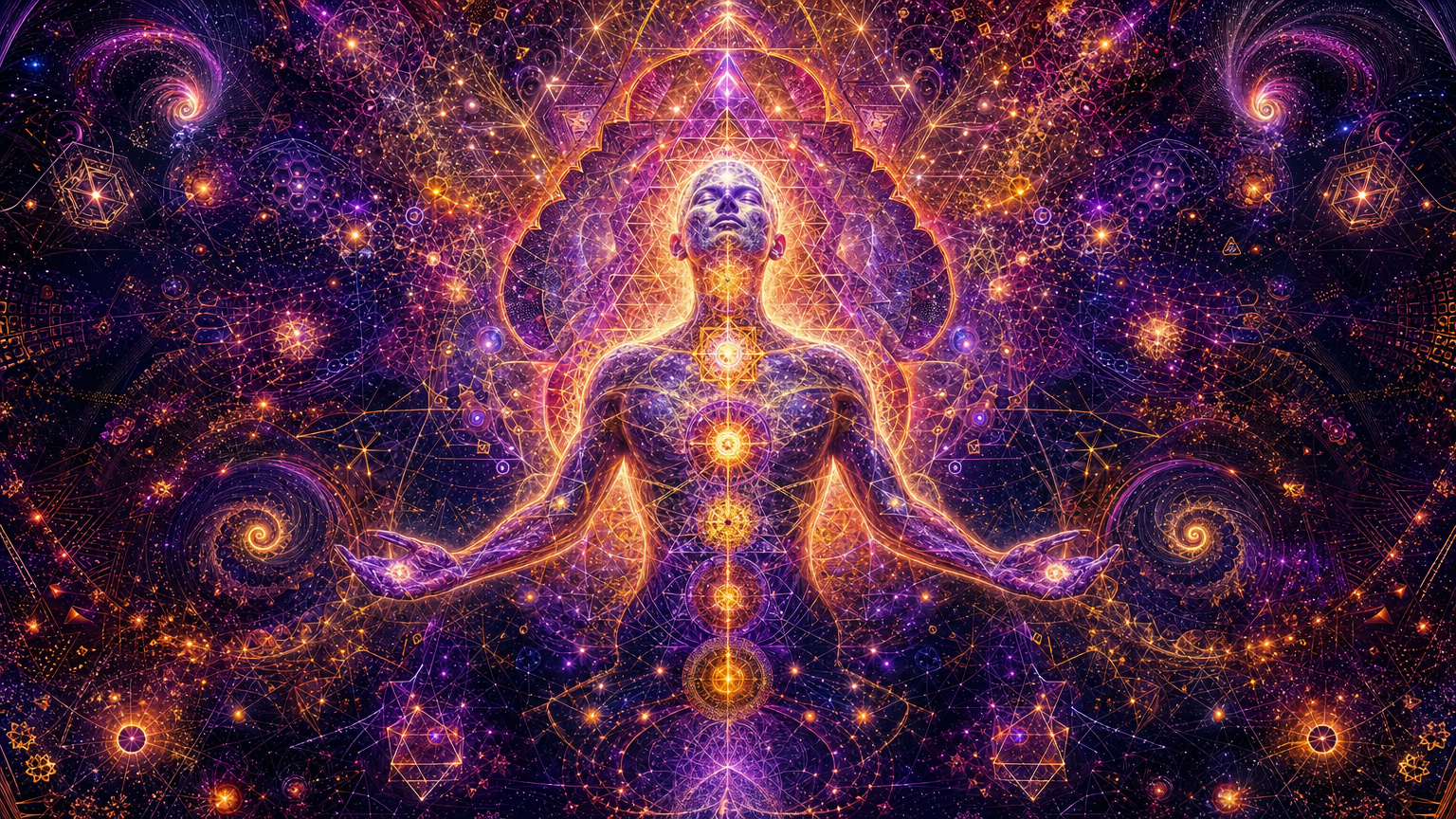 A person is depicted in a meditative pose with a cosmic, fractal, and geometric background of glowing patterns and lights, symbolizing spiritual enlightenment and interconnectedness.