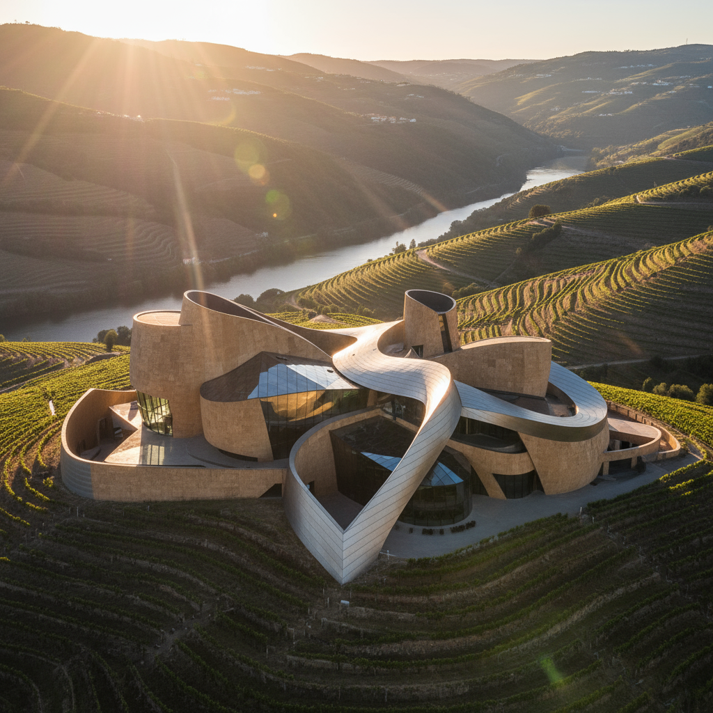 An architectural building with modern, curvy design nestled in a lush, terraced vineyard landscape during sunset, with Douro Valley in the background.