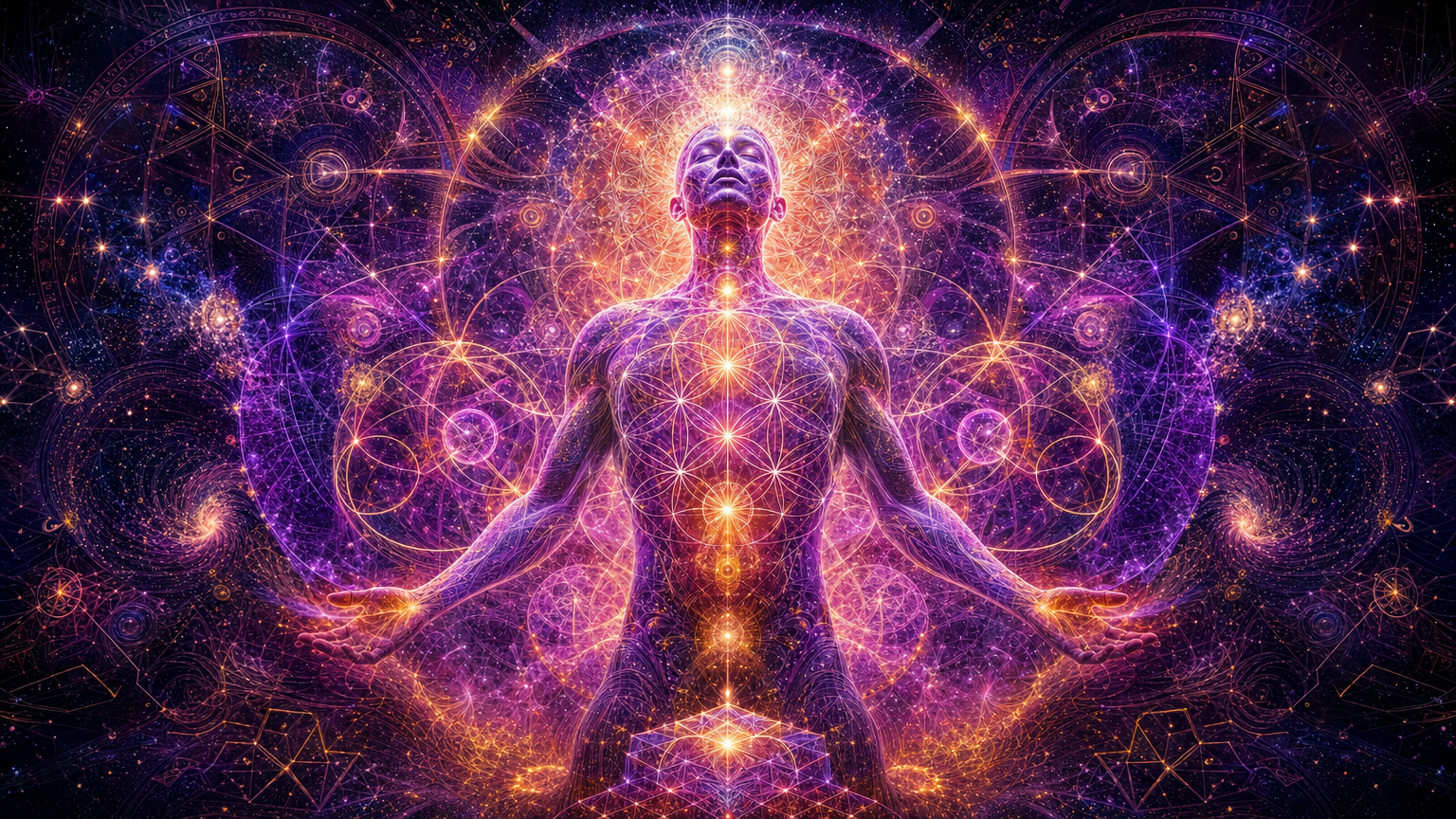 A digitally rendered figure in a meditative pose surrounded by vibrant geometric patterns and glowing energy lines, representing spiritual awakening and cosmic consciousness.