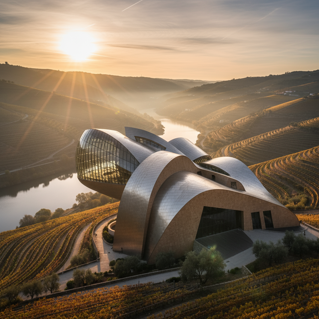 Modern architectural building with curved metallic roof and glass sections, situated in a scenic hilly landscape in Douro Valley, during sunset.