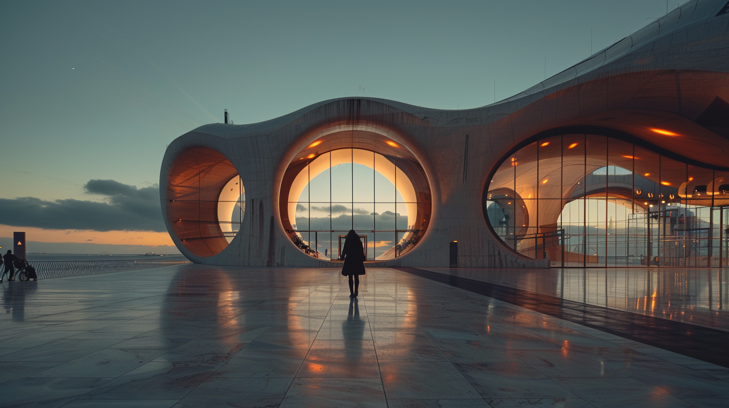 A modern architectural building at sunset with a person walking towards it, featuring large circular windows and reflective floors.