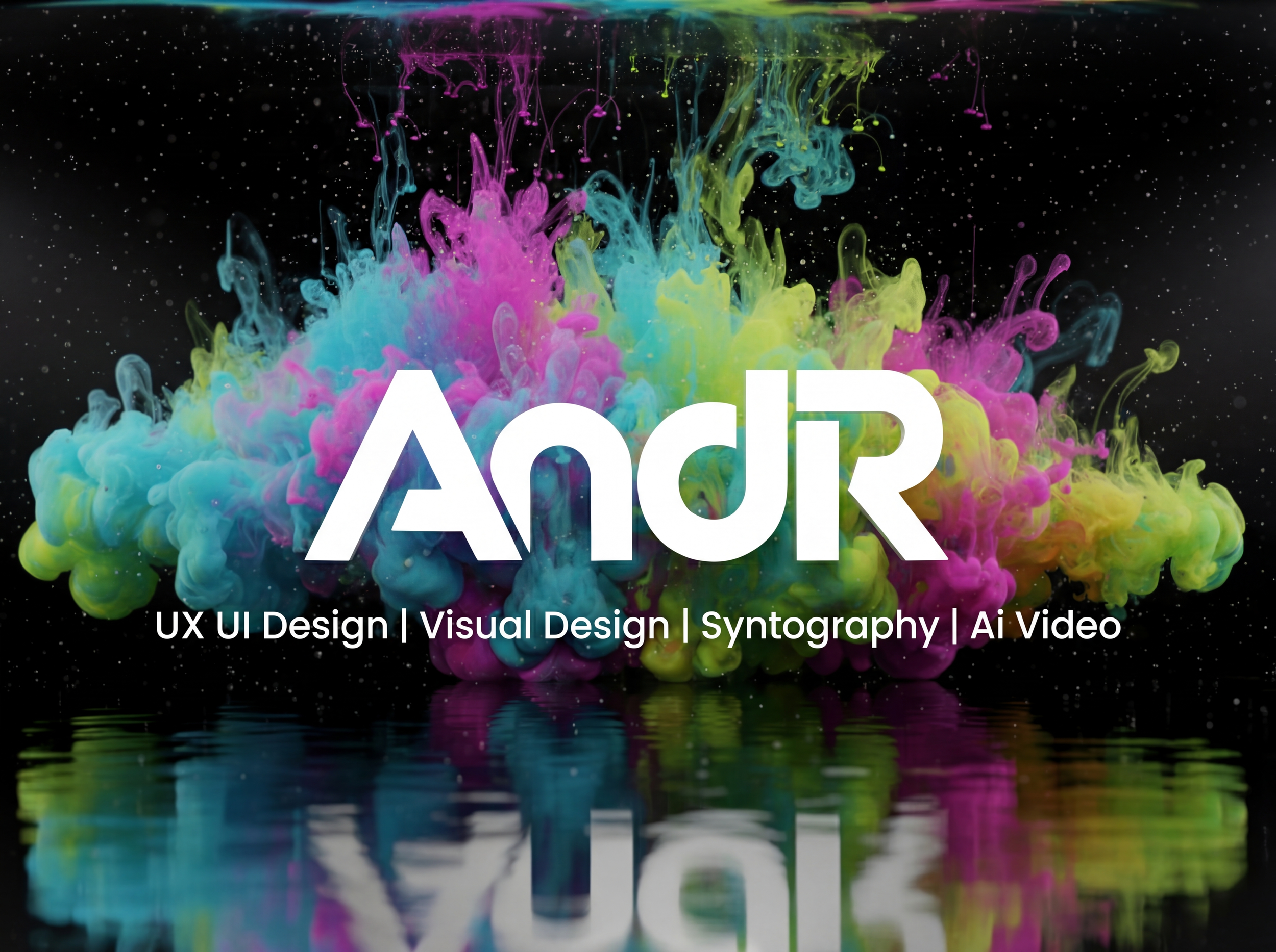 Colorful ink splashes in water with text overlay reading 'ADORE' and words below: UX UI Design, Visual Design, Syntography, AI Video'.