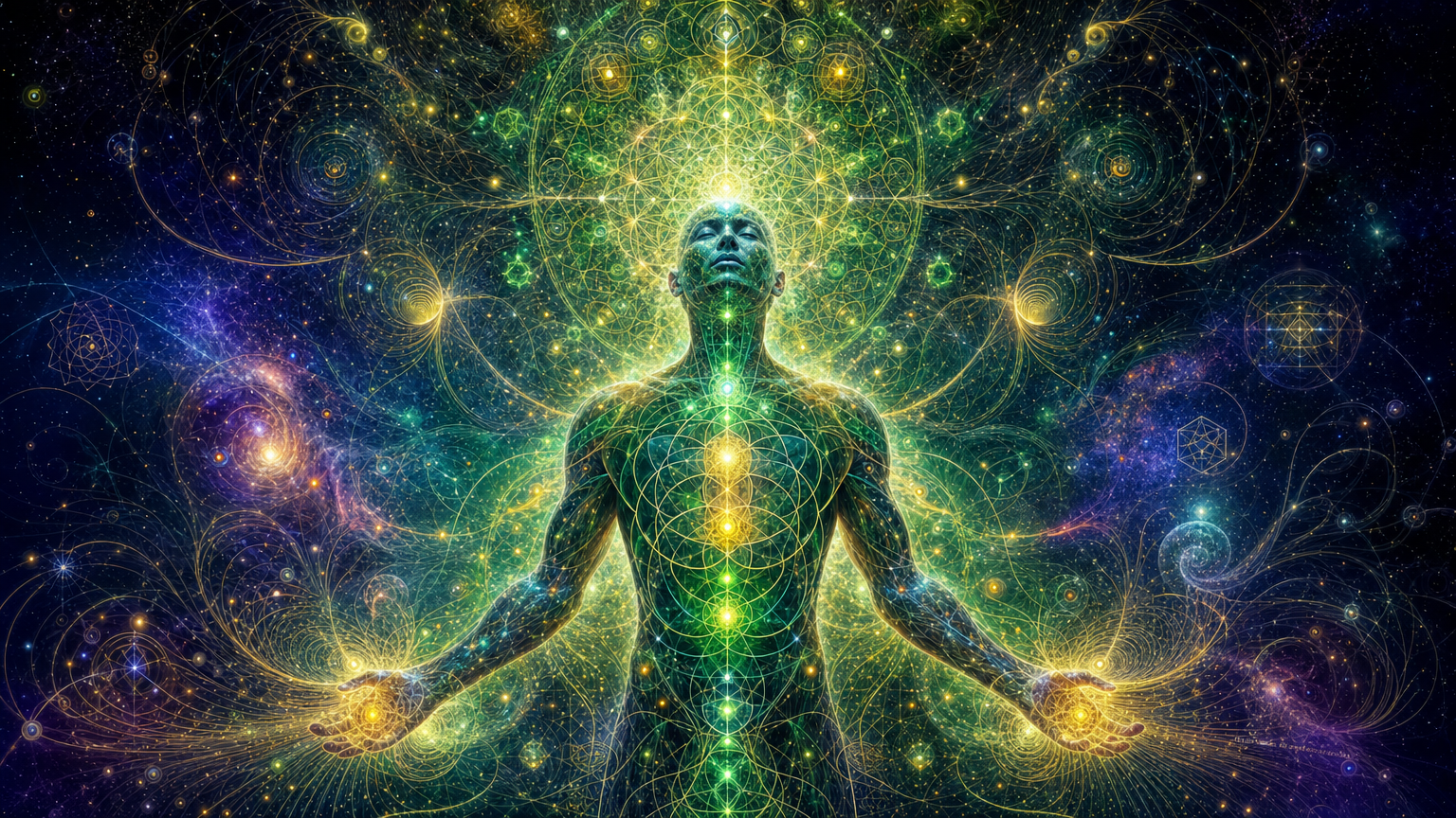 A human figure in a meditative pose surrounded by luminous geometric patterns, symbols, and cosmic elements depicting spiritual and cosmic energy.