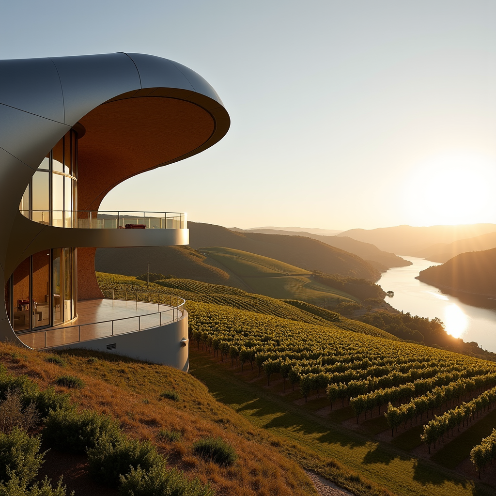 Modern house with curved architecture overlooking rolling hills, a river, and a vineyard in Douro Valley at sunset.