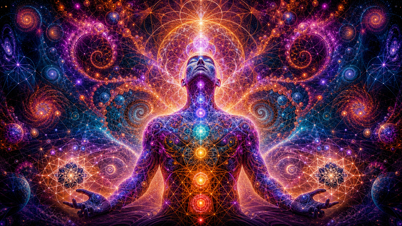 A person meditating with chakra symbols along their body, surrounded by vibrant, intricate fractal patterns and luminous orbs in a cosmic scene.