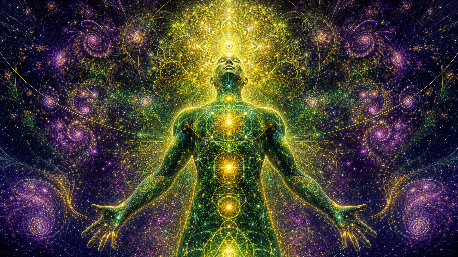 A luminous, abstract digital artwork of a human figure with arms outstretched, surrounded by intricate, glowing geometric patterns and cosmic spirals in purple, green, and gold.