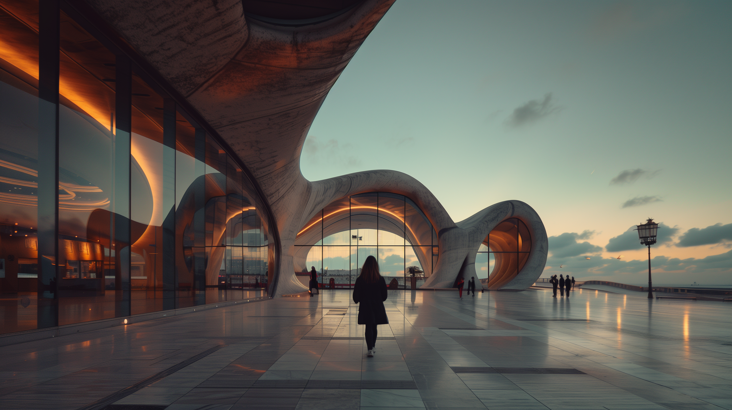 Modern architectural building with curved, flowing design and large glass windows at sunset, with people walking on the plaza outside.
