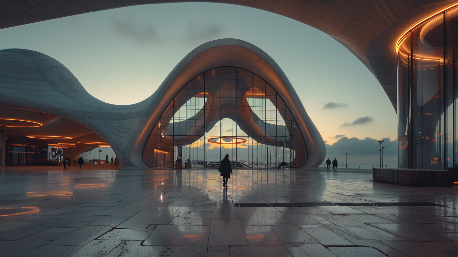 Modern architectural building with fluid, curved design, large glass windows, and warm lighting, with a person walking toward the entrance during sunset.