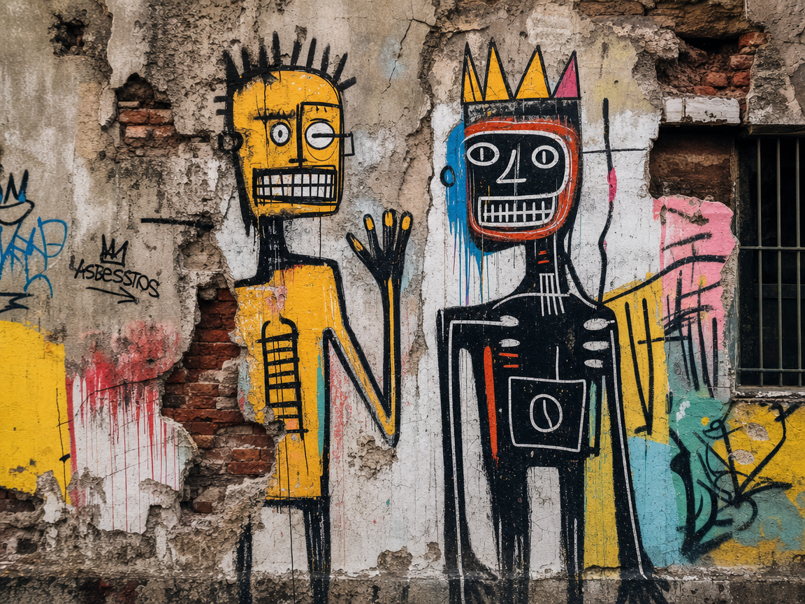Graffiti of two cartoonish, skeleton-like characters on a weathered brick wall. The character on the left is yellow with spiky hair, winking and waving. The character on the right is black with a crown, wide grin, and raised arm. Colorful spray paint
