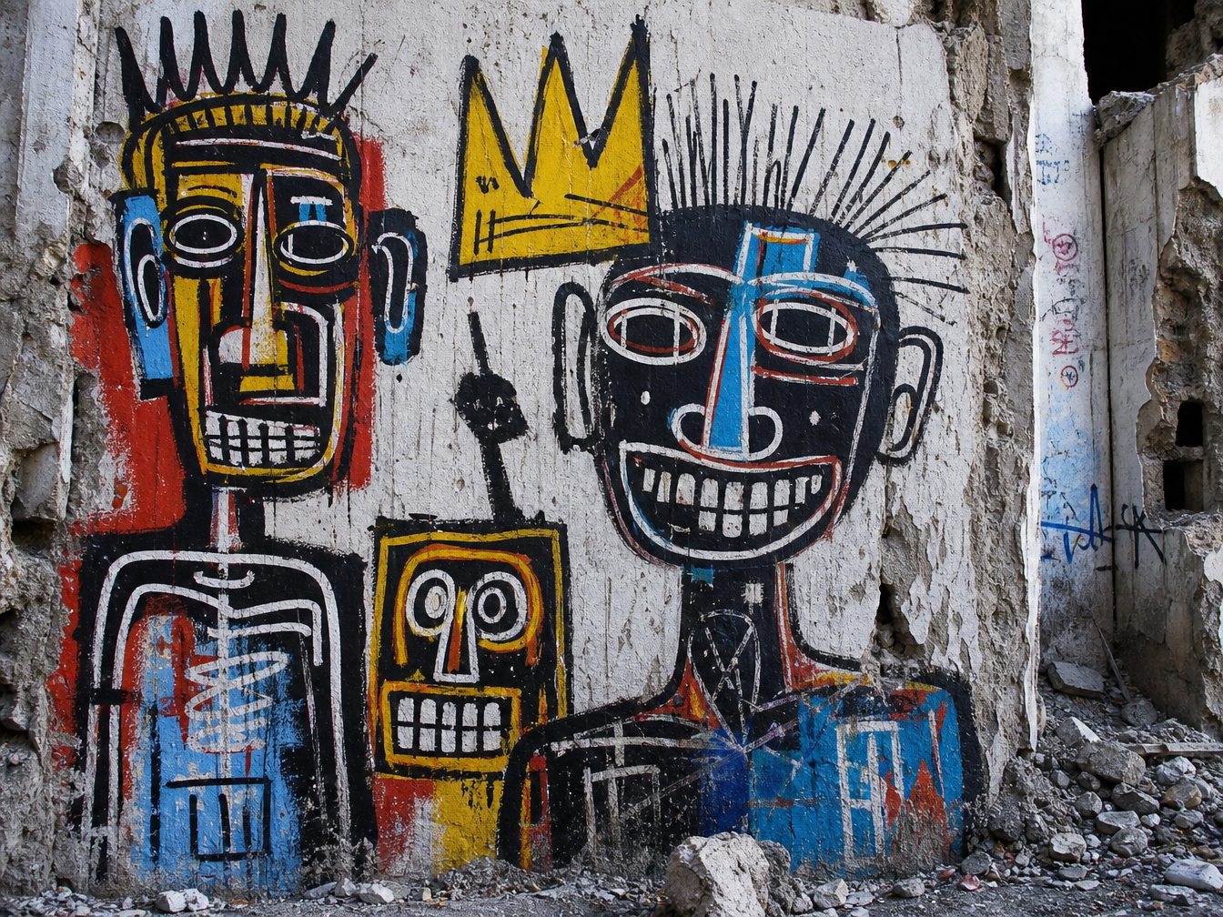 Colorful graffiti mural featuring three stylized skeleton characters with exaggerated facial features, one with a crown, set against a rough, peeling wall surrounded by debris.