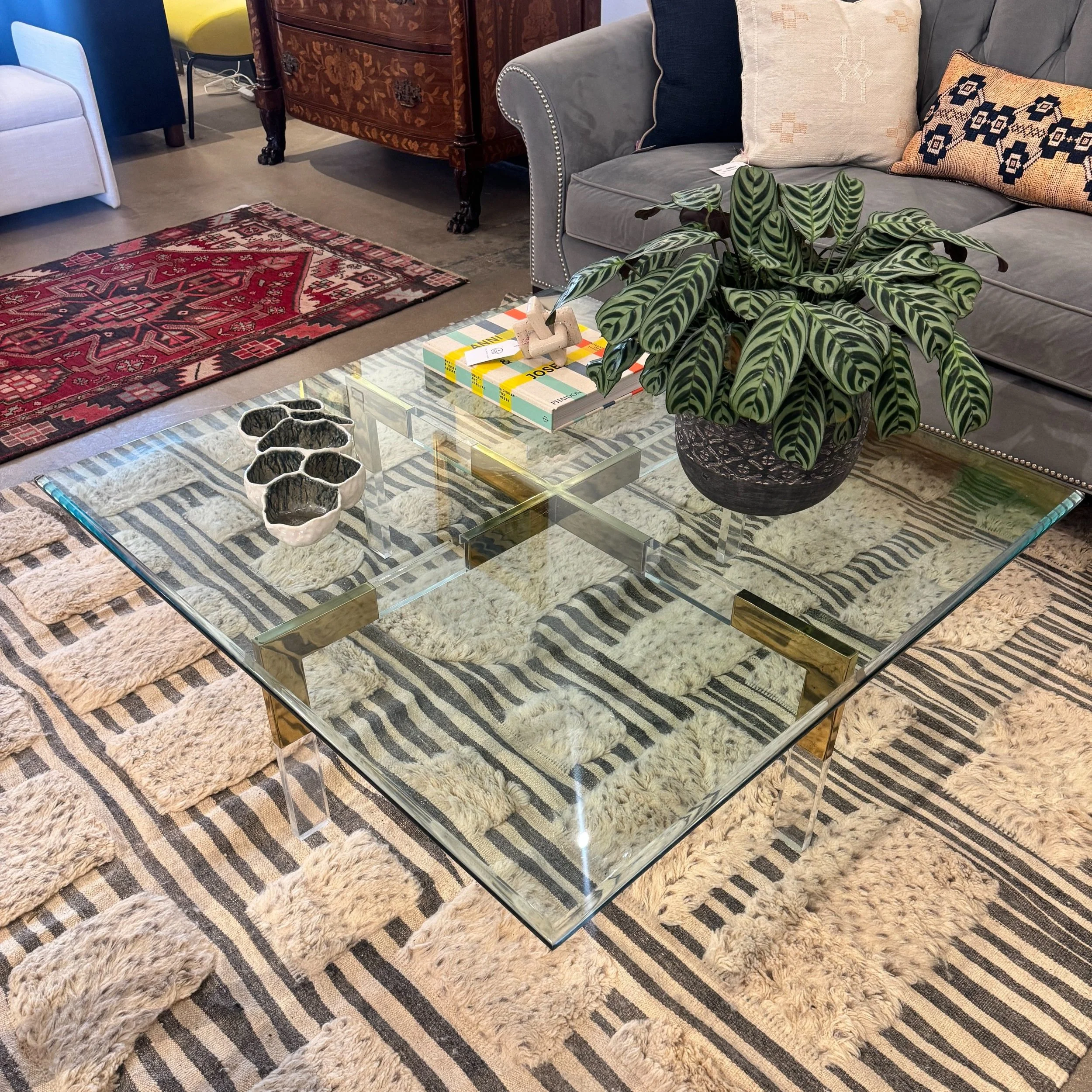 Vintage 1970's Brass & Lucite Glass Top Coffee Table - 42 x 42 x 15h