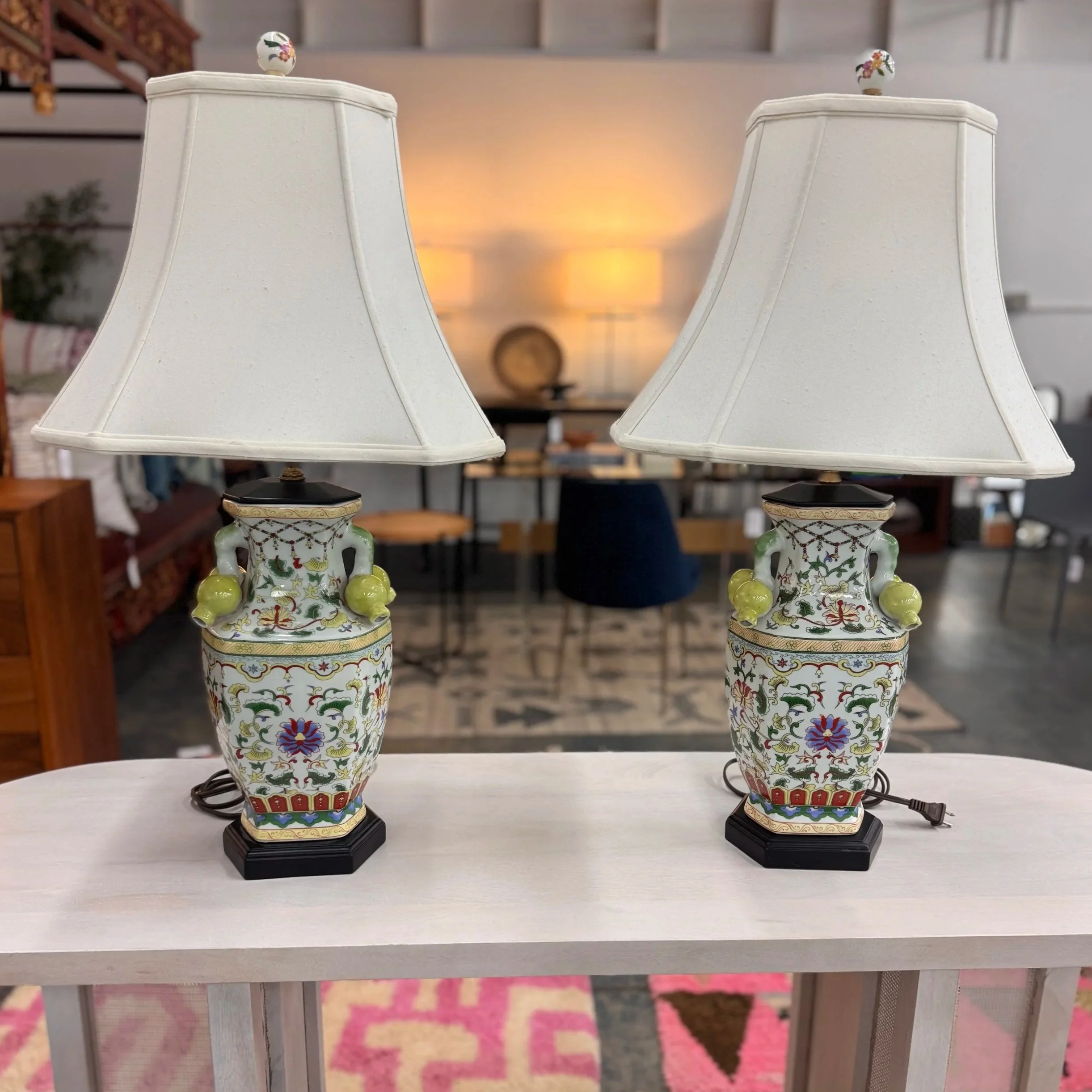 Vintage Asian Pomegranate Handle Lamp (x2)