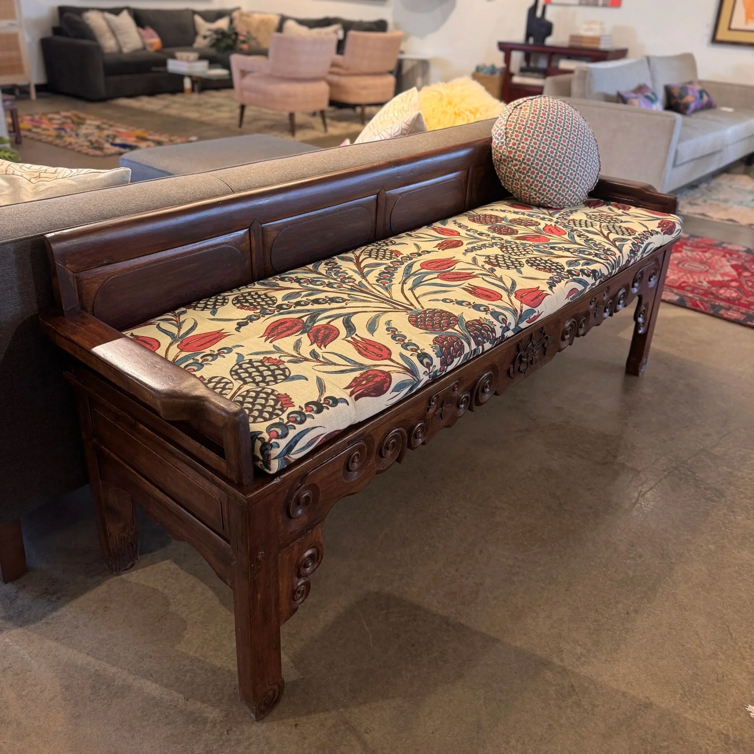 Hand-Carved Hardwood Bench + Cushion