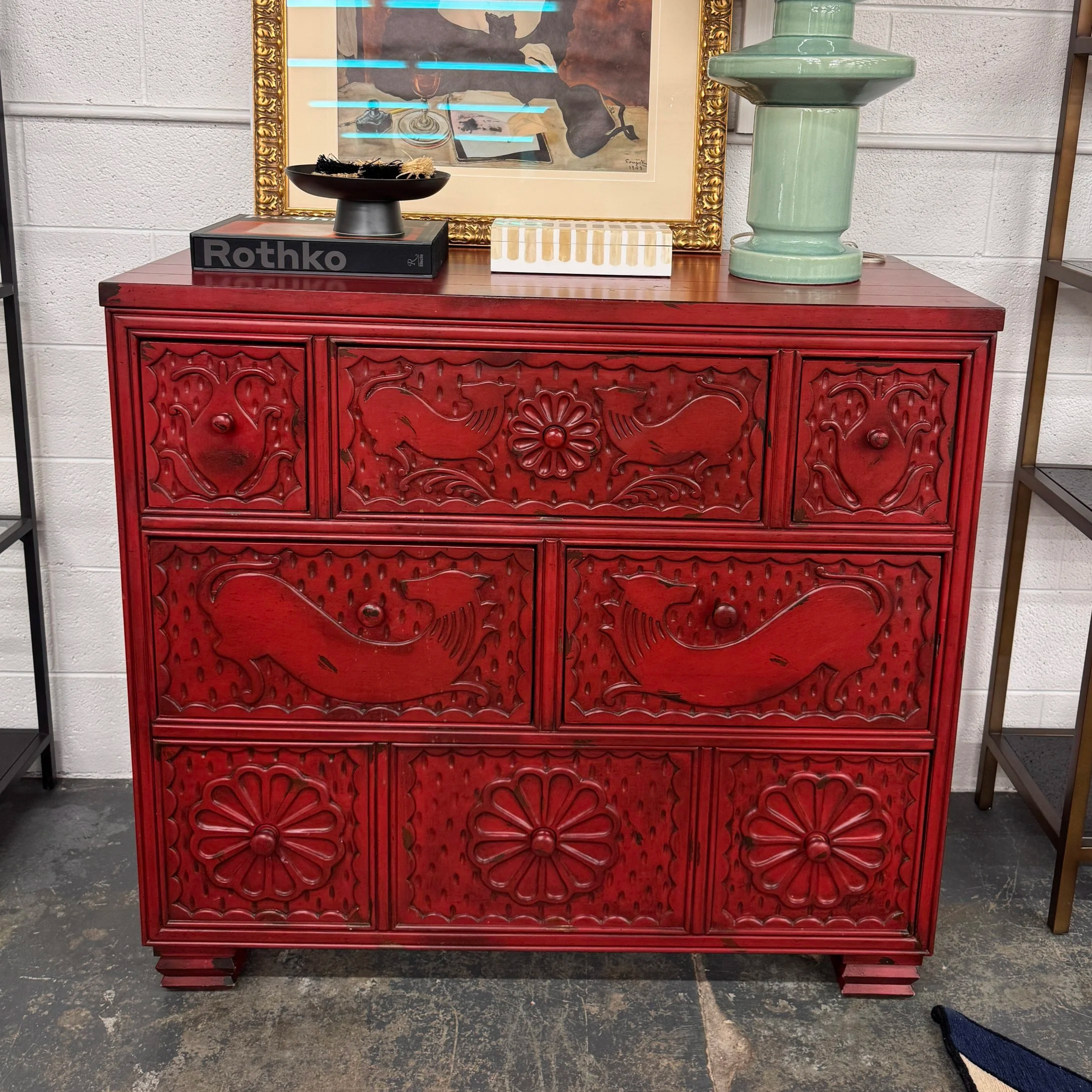 Hickory Chair Hand-Carved Red Lacquer Dresser	