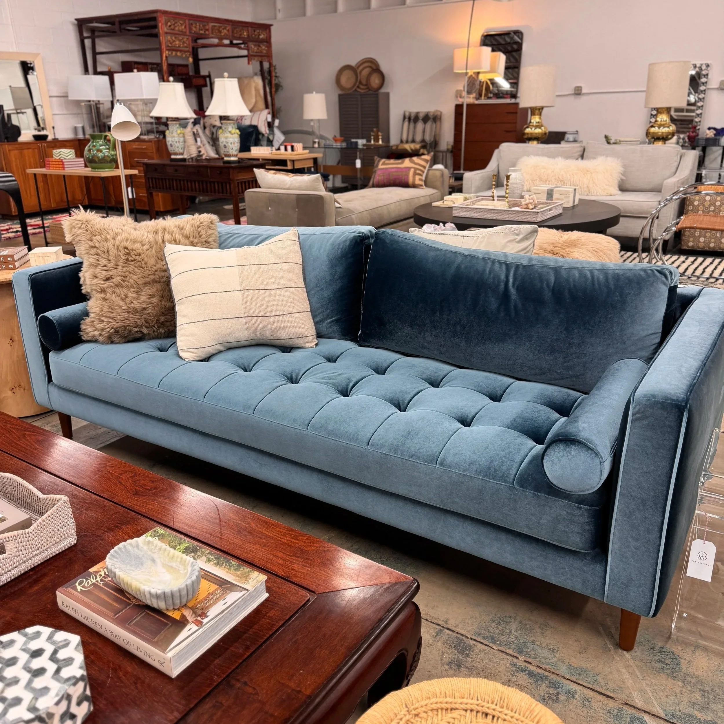 SOLD - Rove Concepts Blue Velvet Tufted Sofa (88W x 38D x 27H)