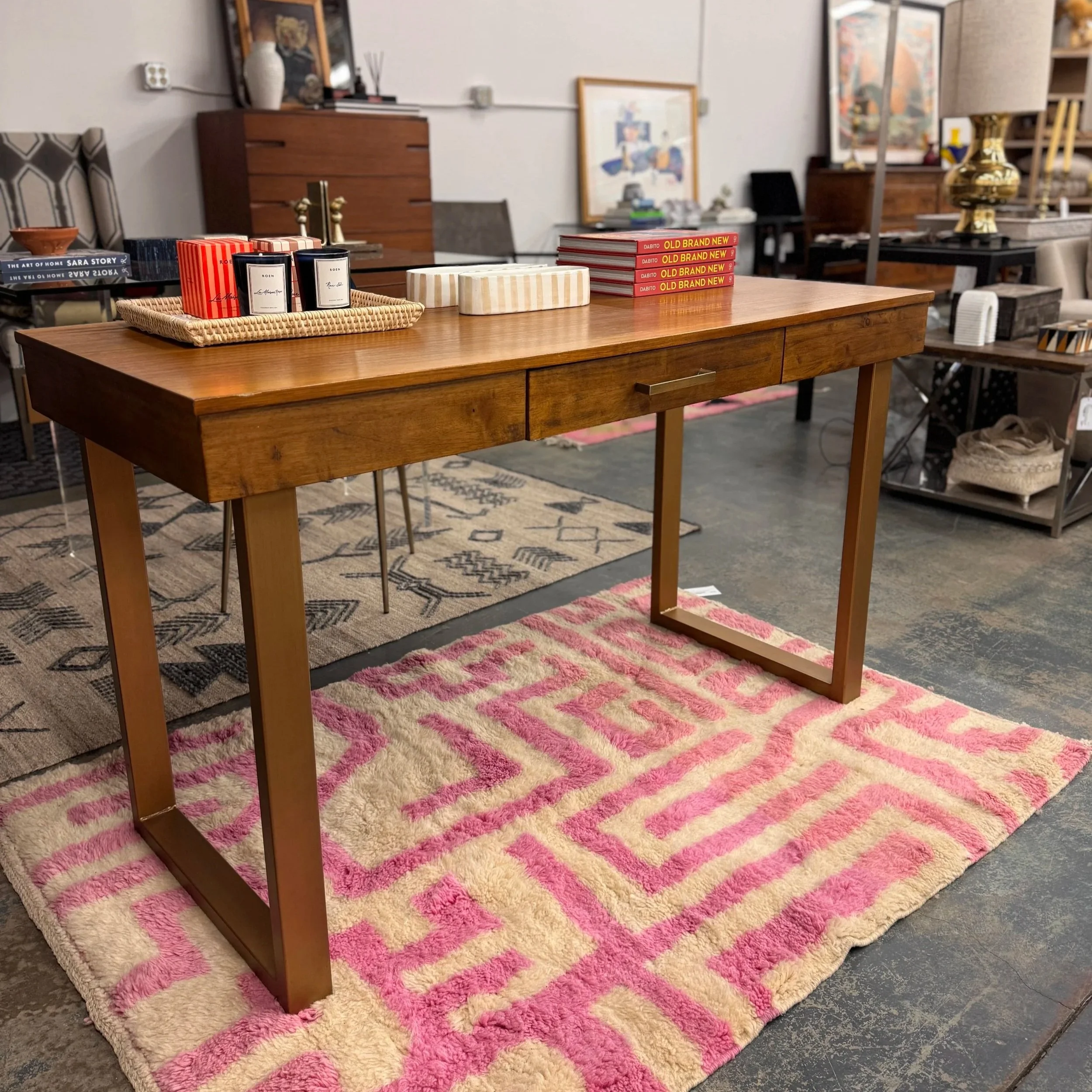 Wooden Desk w/ brass finish legs (52W x 22D x 30H)